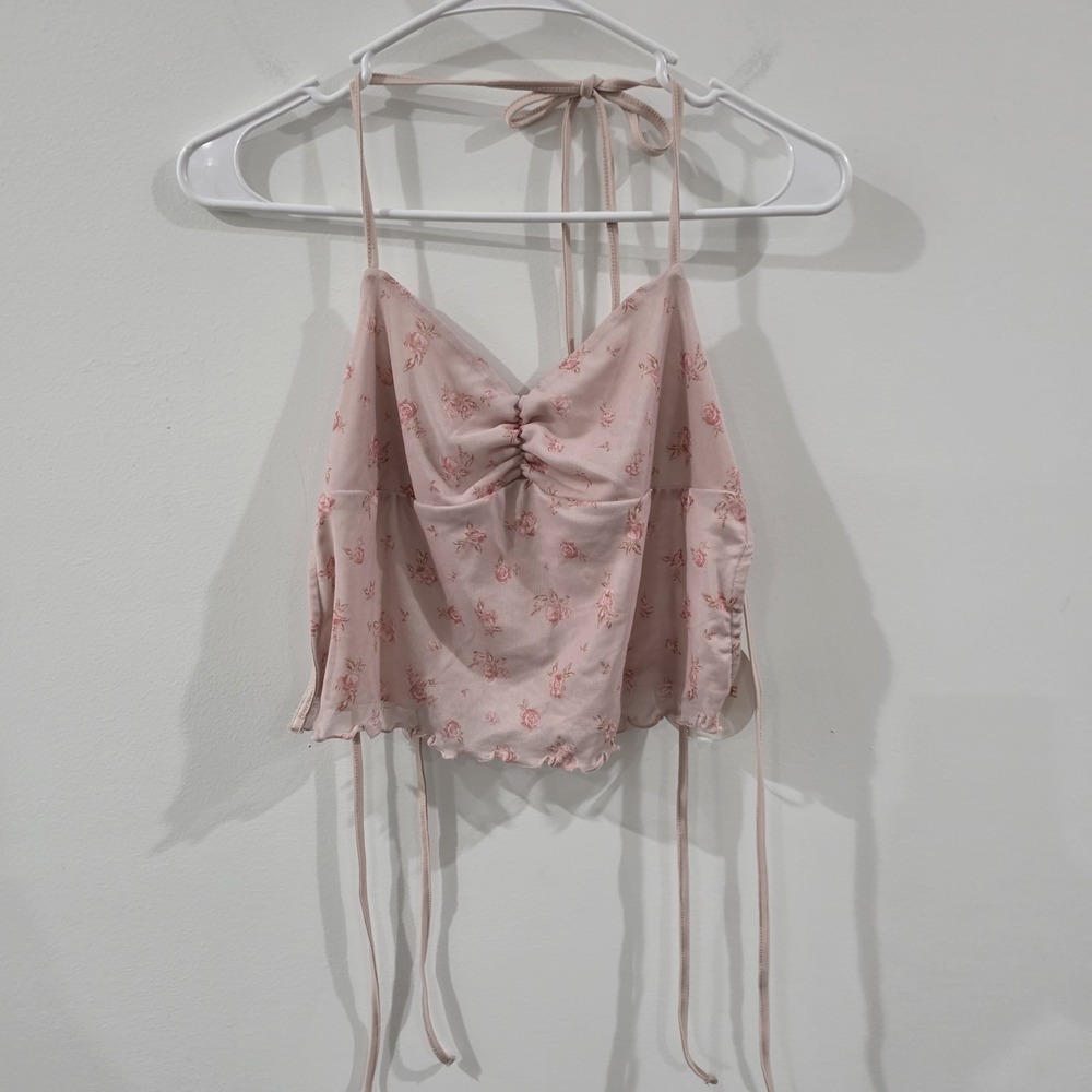 Womens Crop‎ Tie Halter Tie Back Tank Size Xs Pink Floral Dainty Fairy Feminine